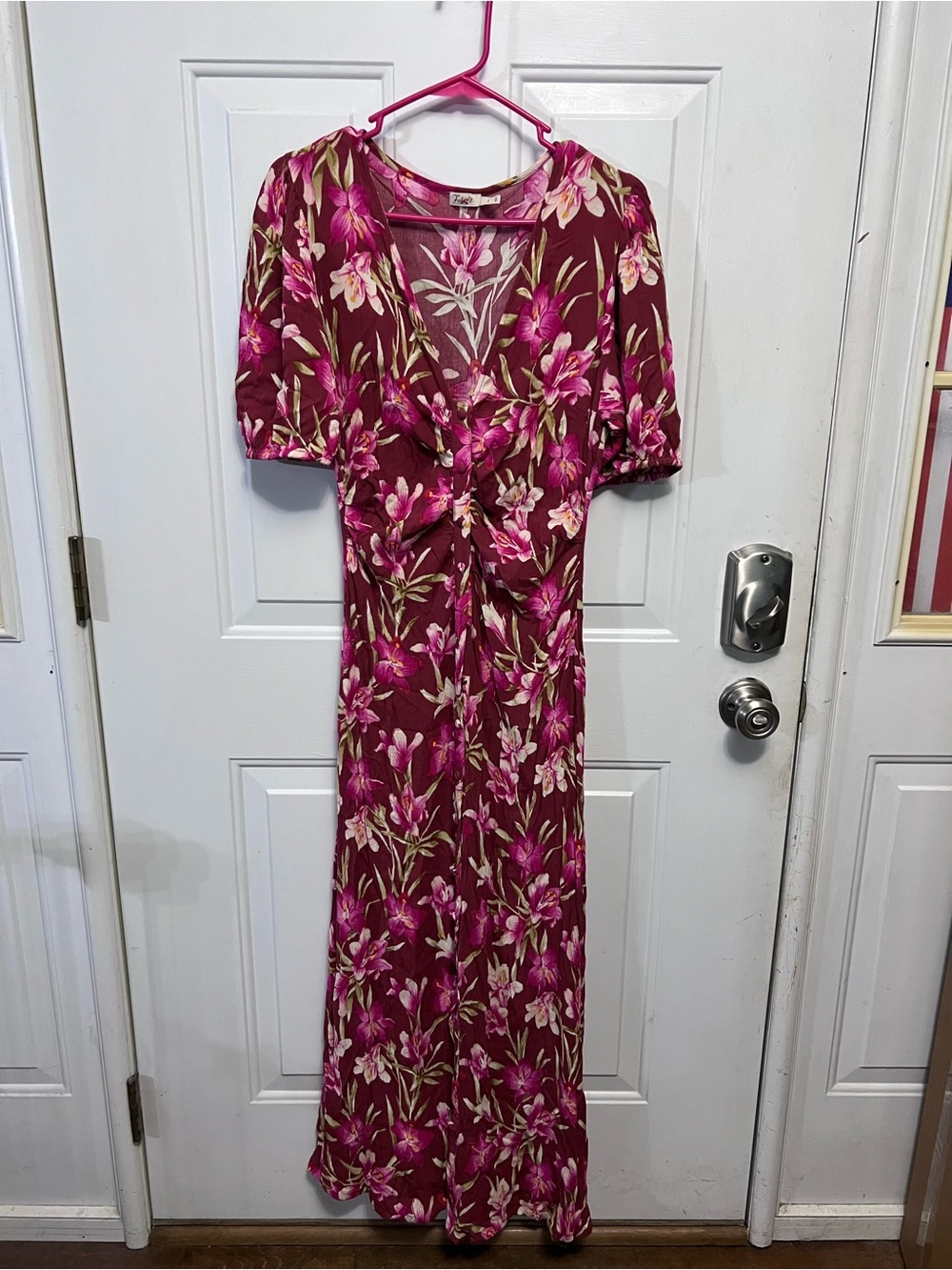 Faherty Women’s L Floral Maxi Dress Burgundy Pink Magenta Button Front Viscose